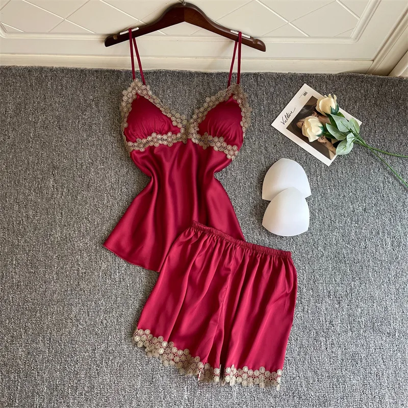 

Pajamas Women Summer Thin Silk Satin Suspender Shorts Two Piece Set With Bra Patchwork Hollow Out Lace Lingerie Pijamas Suit