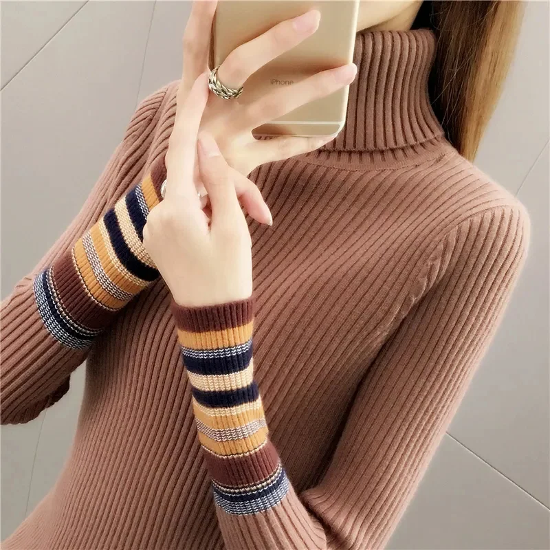 

Patchwork Slim Turtleneck Sweater Female Korean Fashion Long Sleeve Stretch Knitwear Women 2021 Autumn Warm Base Knit Pullover