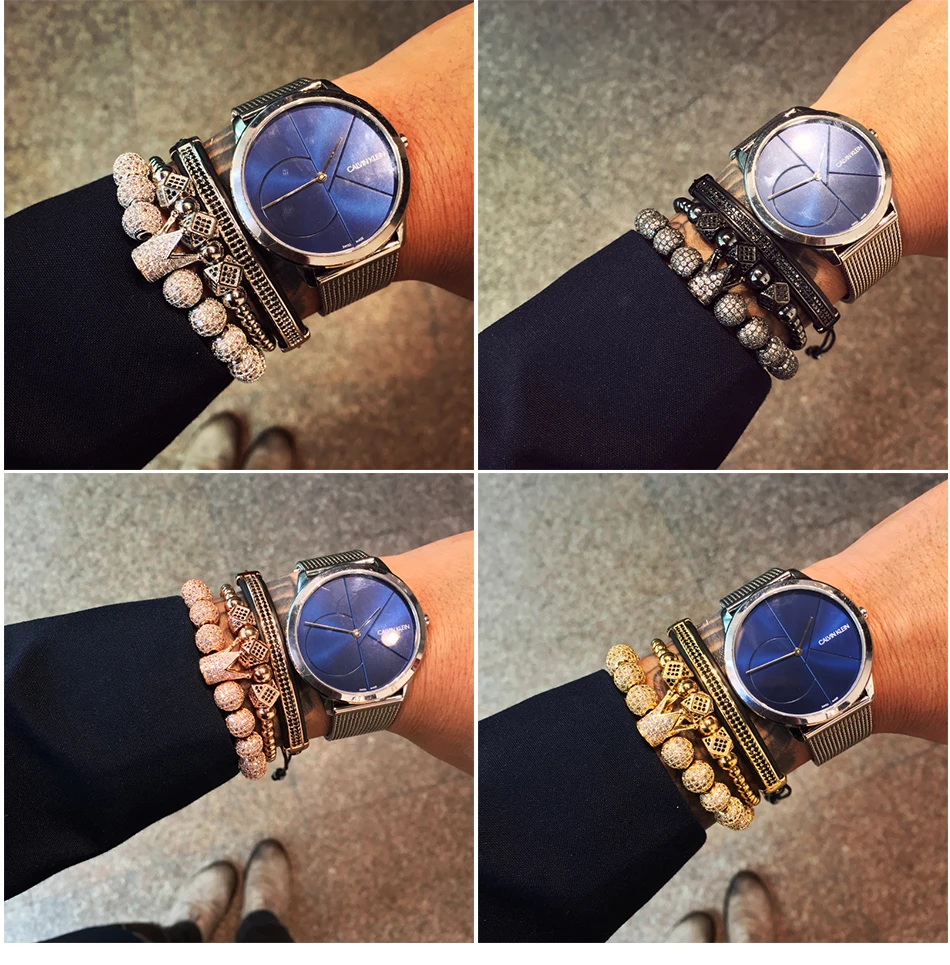 

LOOKER 3pcs /set Hip Hop CZ Polygon Ball Crown Charm Copper Beads Macrame Bracelets&Bangles Set Men Luxury Brand Mens Jewellry