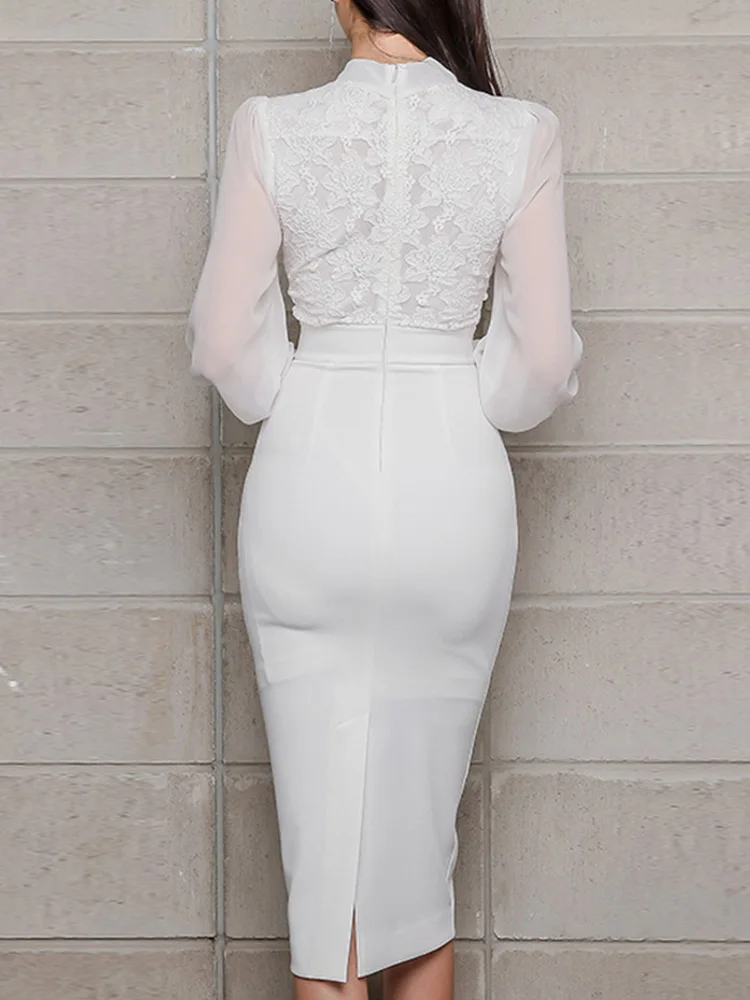 

JSXDHK 2021 Spring Lace Stitching Lace-up Office Pencil Dress Women Sheath Professional Dresses Elegant White Bodycon Vestidos