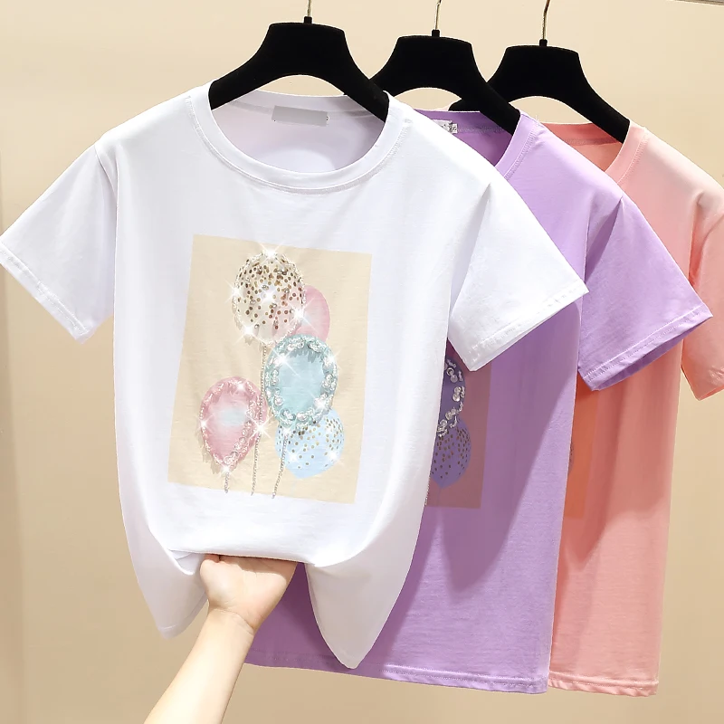 

Женская футболка с бисером gkfnmt, розовая или фиолетовая хлопковая Футболка с бисером, в Корейском стиле, Летний сезон 2021