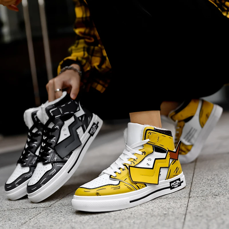 Winter Men Shoes Casual Fashion Kawaii Pikachu Sneakers Outdoor Plush Fur Warm High Top Running Dropshipping AODLEE | Обувь