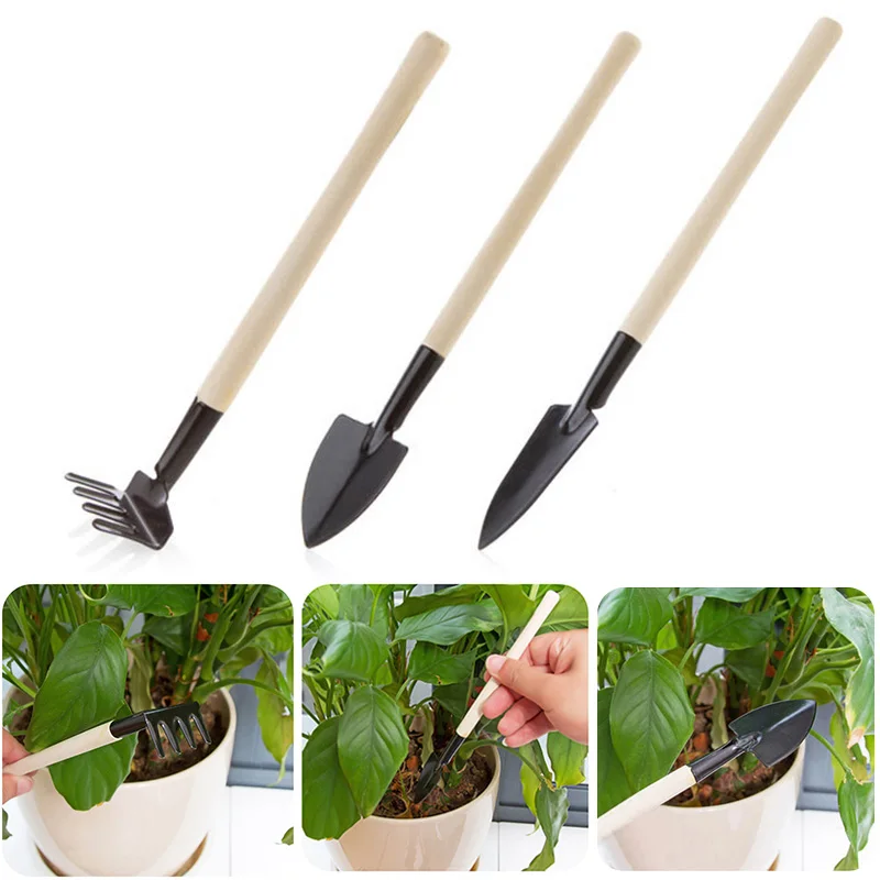 

3Pcs/Set Mini Gardening Tools Balcony Wood Handle Potted Plants Shovel Rake Spade Soil Raising Flowers Succulents Bonsai Plant