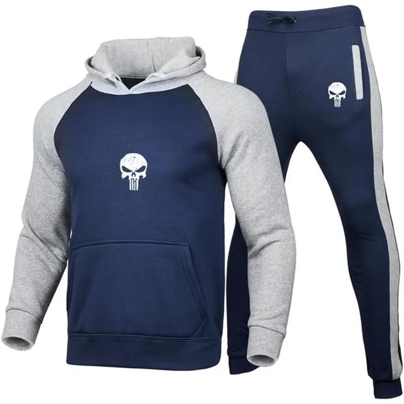

2 Pieces Sets Tracksuit Men Hooded Sweatshirt+pants Pullover patchwork Hoodie Sportwear Suit Printed skull Hombre Casual Clothes