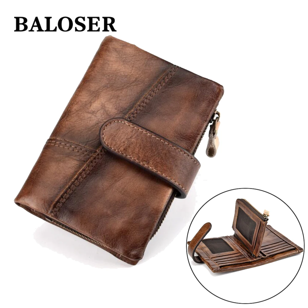 Men Oil Wax Cowhide Wallet Genuine Leather Purse Clutch Clasp High Quality Retro Short Wallet