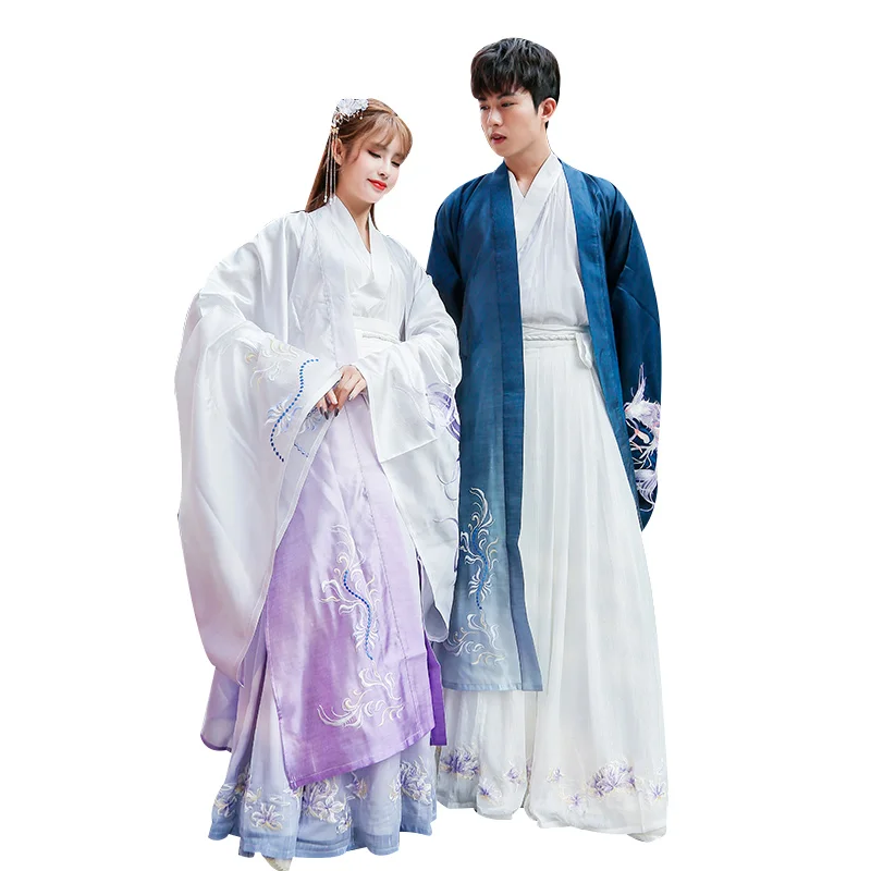 

2021 Retro White Fox Embroidery Improved Hanfu Chinese Traditional Couple Costumes Women/Men Fairy Ancient Purple/Blue Hanfu