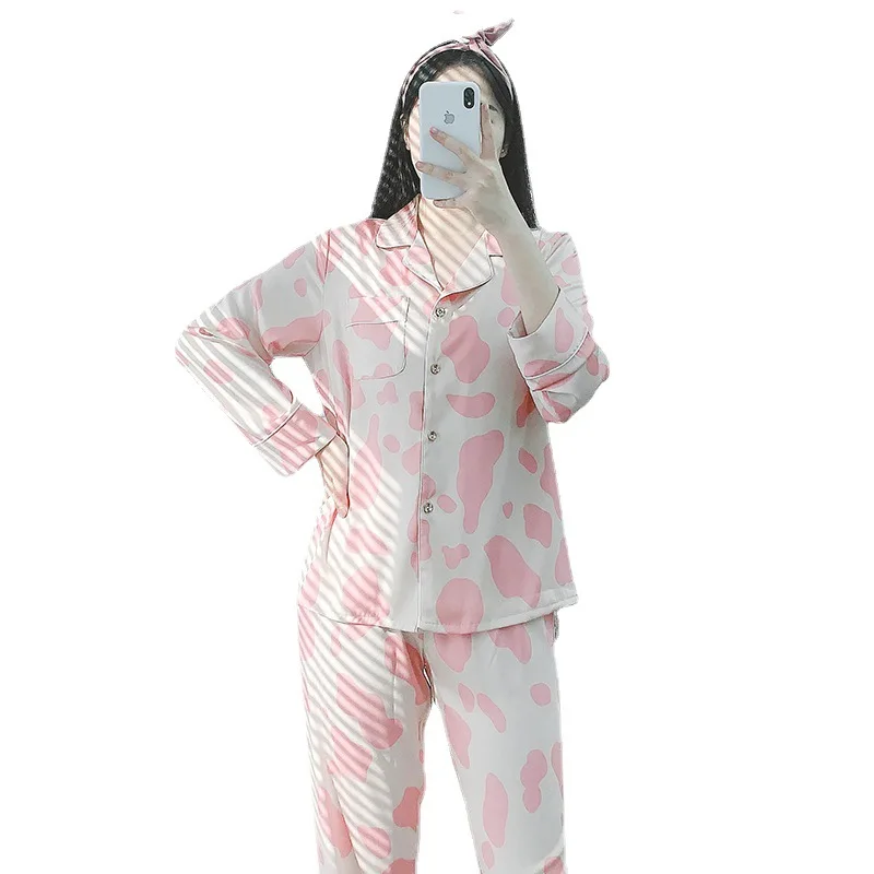 

2021 The New Ice Silk Women's Pajamas Summer Long-Sleeved Trousers Two-Piece Suit Casual Homewear