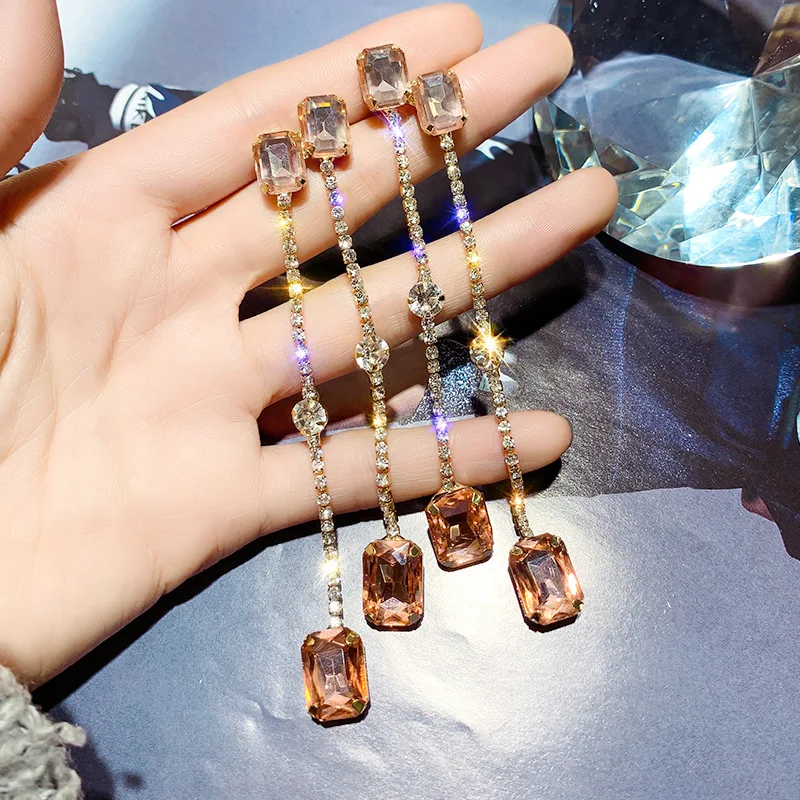 Ajojewel, 4 цвета, женские длинные серьги с кристаллами, фиолетовые, цвета шампанского, зеленые, синие, каменные, Золотая кисточка, серьги