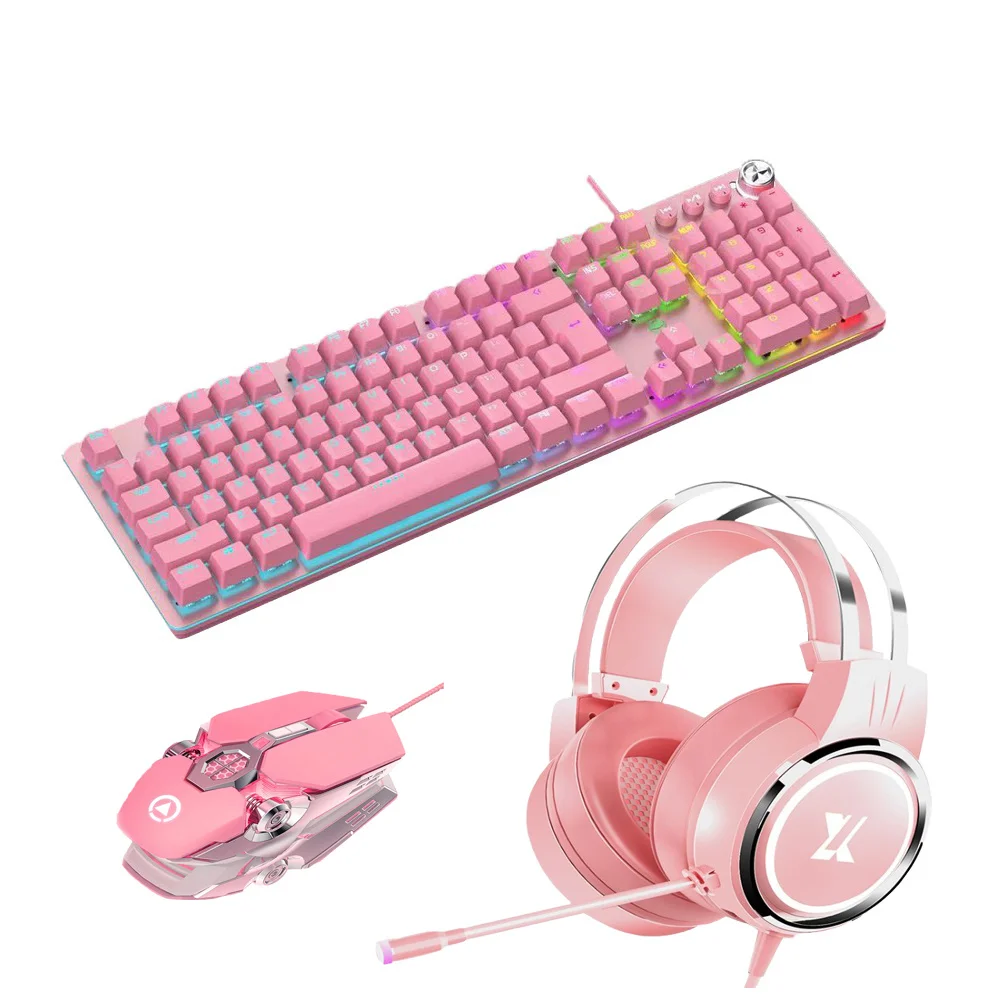 

Pink Gaming Sets Mechanical Keyboard Earphone Combos Mouse Mechanical Green Switch Keybaord 3200DPI Wired USB Mouse Headset
