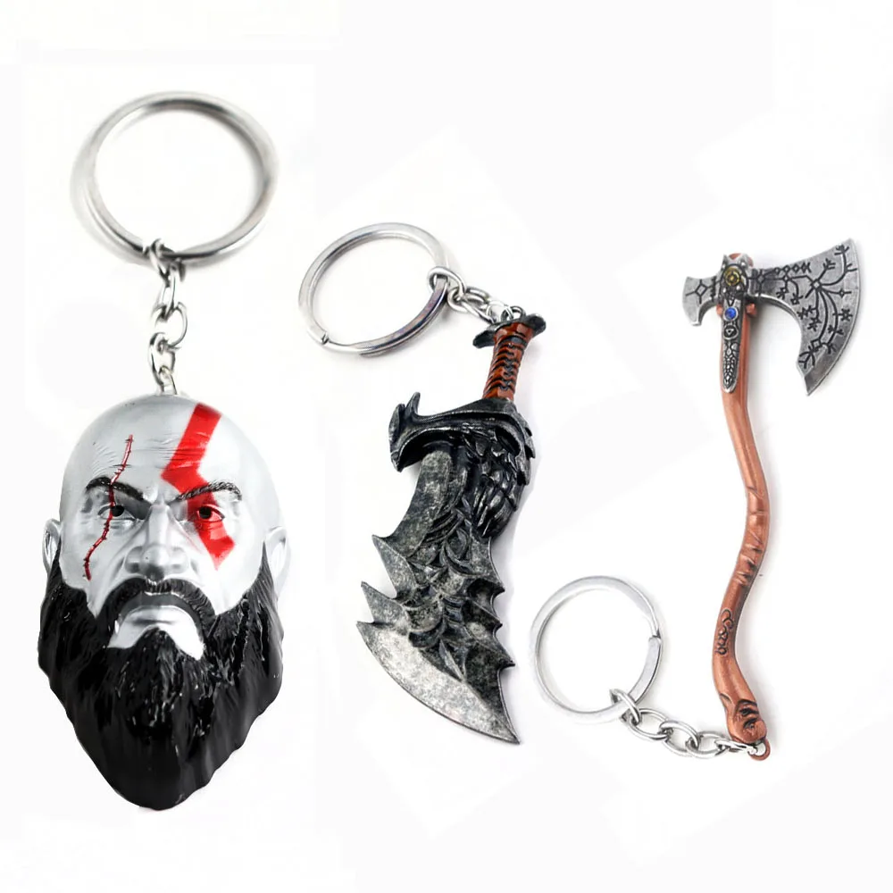 RJ 20 шт./лот Горячая игра Бог войны 4 брелки 3D Kratos маска брелок Kui Ye топор молоток Нож Оружие Модель Для Мужчин Косплей автомобиль подарок