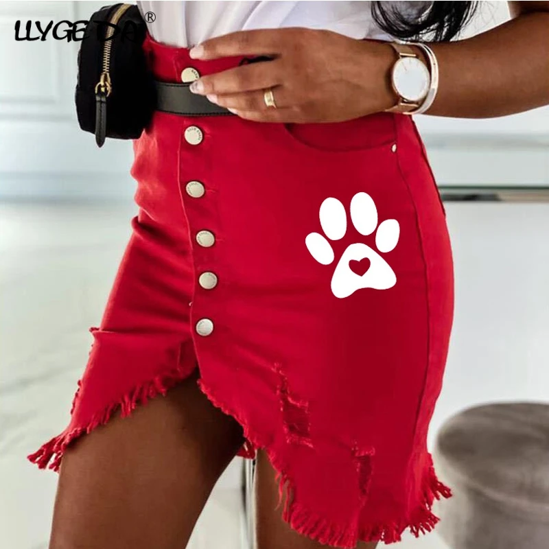 

Bear Paw Print Denim Short Skirt Women Single-breasted Solid Plus Size Black White Skirts 2021 Summer Fashion Sexy Mini Skirts