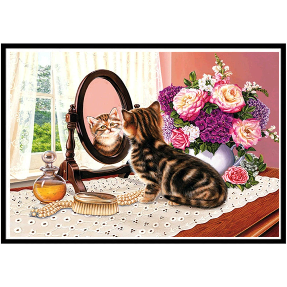 

5D diamond painting full diamond cat looking mirror round diamond mosaic pattern home decoration DIY handmade