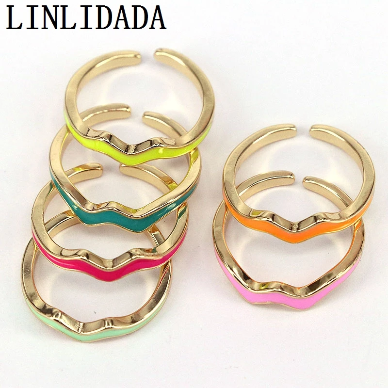 

5Pcs, New Fashion Rainbow Enamel Rings For Women Simple Metal Wave Type Finger Rings Accessories Gifts for Girls Ladies 2021