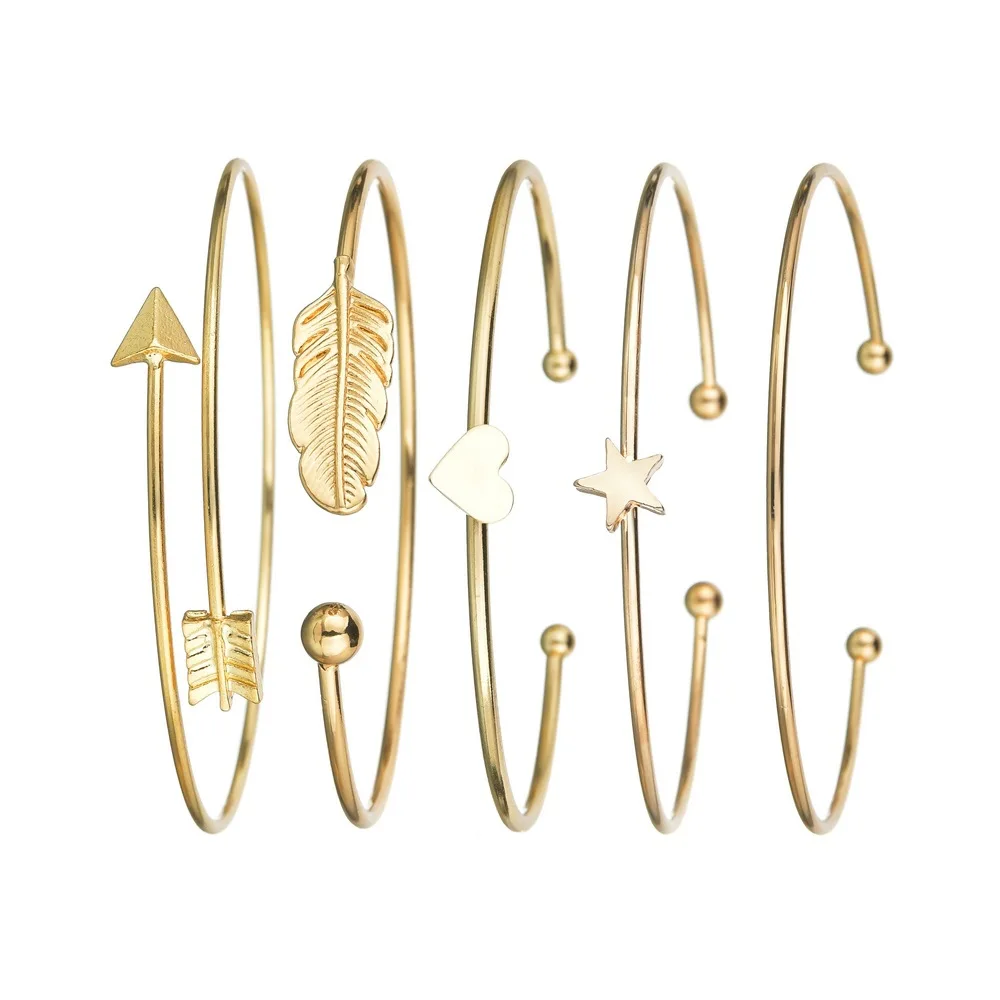 Bohemian Gold Color Moon Leaf Crystal Opal Open Bracelet Set for Women Punk Boho Beach Shell Acrylic Round Bangle Jewelry Gift | Украшения