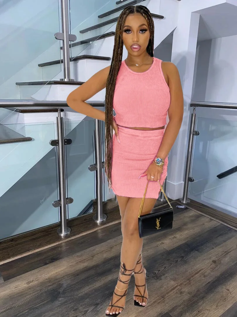 

Donsignet Women Skirts Set Summer Sexy Pleated Split Skirt Conjunto Feminino Women Crop Top Vest Solid Color Two-piece Set Women