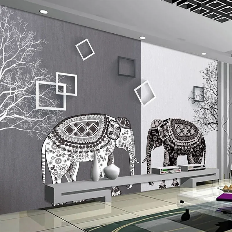 

Custom Self-Adhesive Wallpaper 3D Stereo Black And White Tree Elephant Photo Wall Murals Living Room TV Sofa Home Decor Stickers