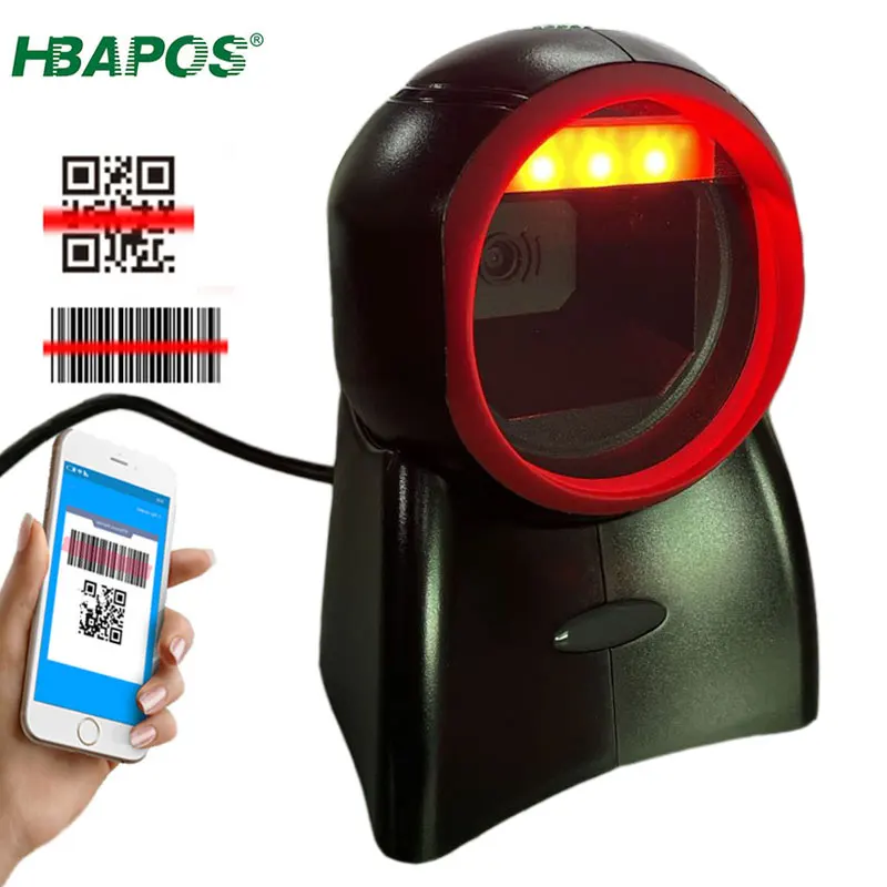 

HBAPOS 1D 2D QR Code Scanner Desktop Hands-Free USB Wired Barcode Reader Automatic Sensing Decoder Adjustable Scan for POS PC