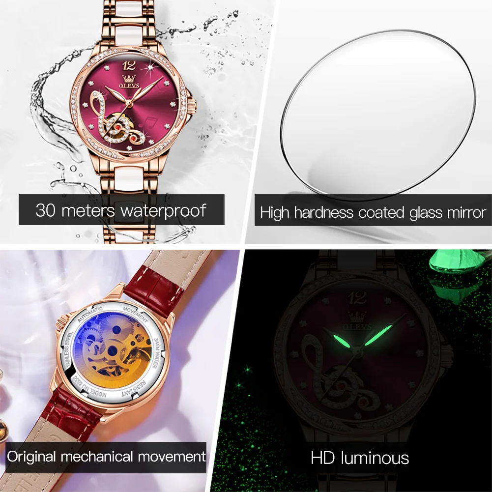 OLEVS Luxury Full Rhinestone Women's Mechanical Watches Waterproof Tourbillon Hollow Automatic Wrist Watch Ladies Skeleton Watch enlarge