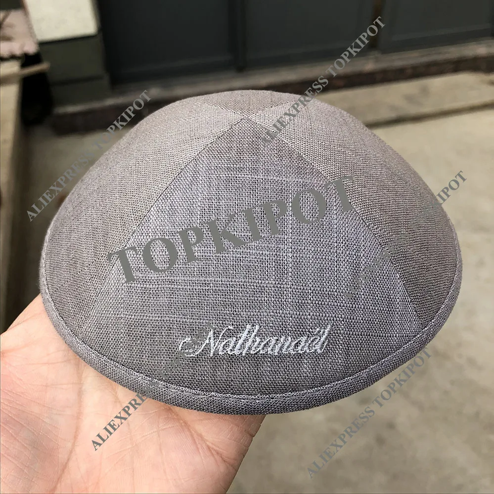 Индивидуальные свадебные kippahs, темно-серые льняные kipas с серебристо-серым вышитым логотипом