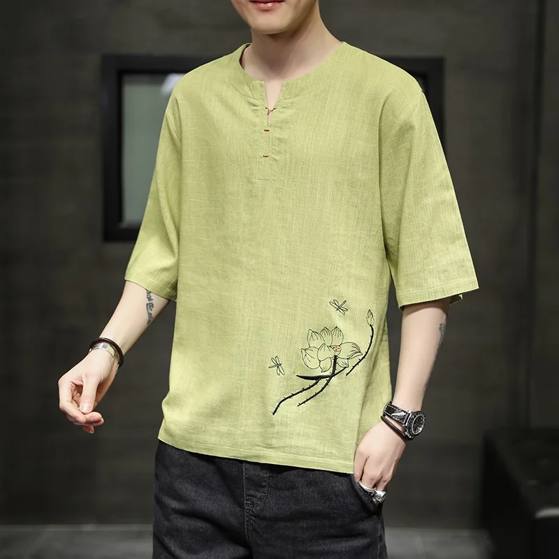 Китайский Стиль из хлопка и льна Футболка мужская футболка с коротким рукавом