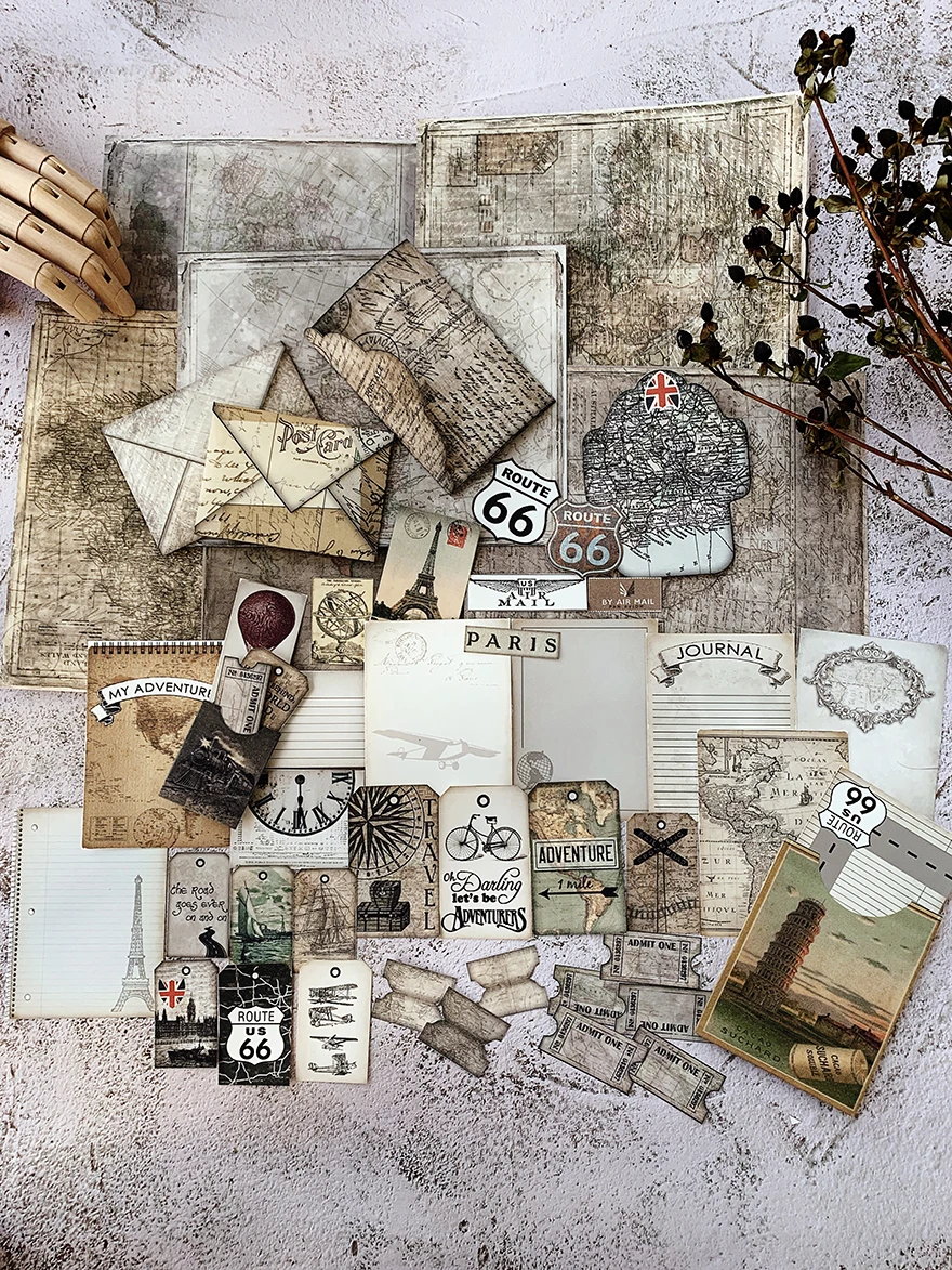 

45 PCS\SET Vintage Travel Tickets Envelopes Maps Paper Material Stickers Diy Ablum Diary Scrapbooking Label Sticker Stationery