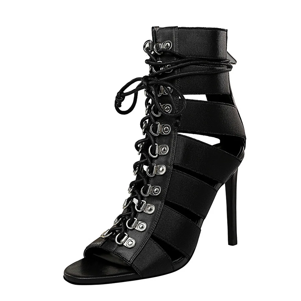 

cool boots show thin heel high heel sexy nightclub cross tie mouth hollow sandals shoes