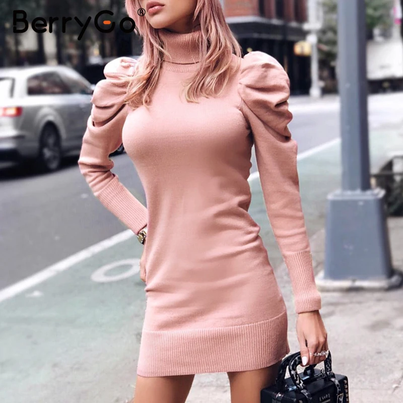 BerryGo черепаха шеи облегающее зимнее вязаное женское платье пышное плечо Розовое