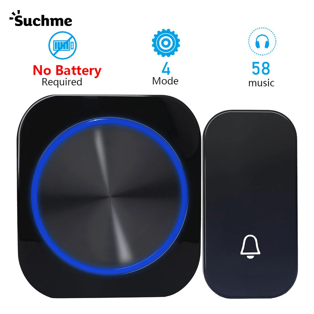 

Wireless DoorBell self powered Waterproof night light no battery 110DP EU plug home Cordless Door Bell 1 button 1 Receiver