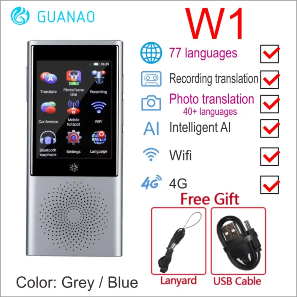 

Boeleo W1 AI Simultaneous Voice Translator 4G Network Multi-language Portable Smart Voice Translator 2.8" Touch Screen 8G Memory