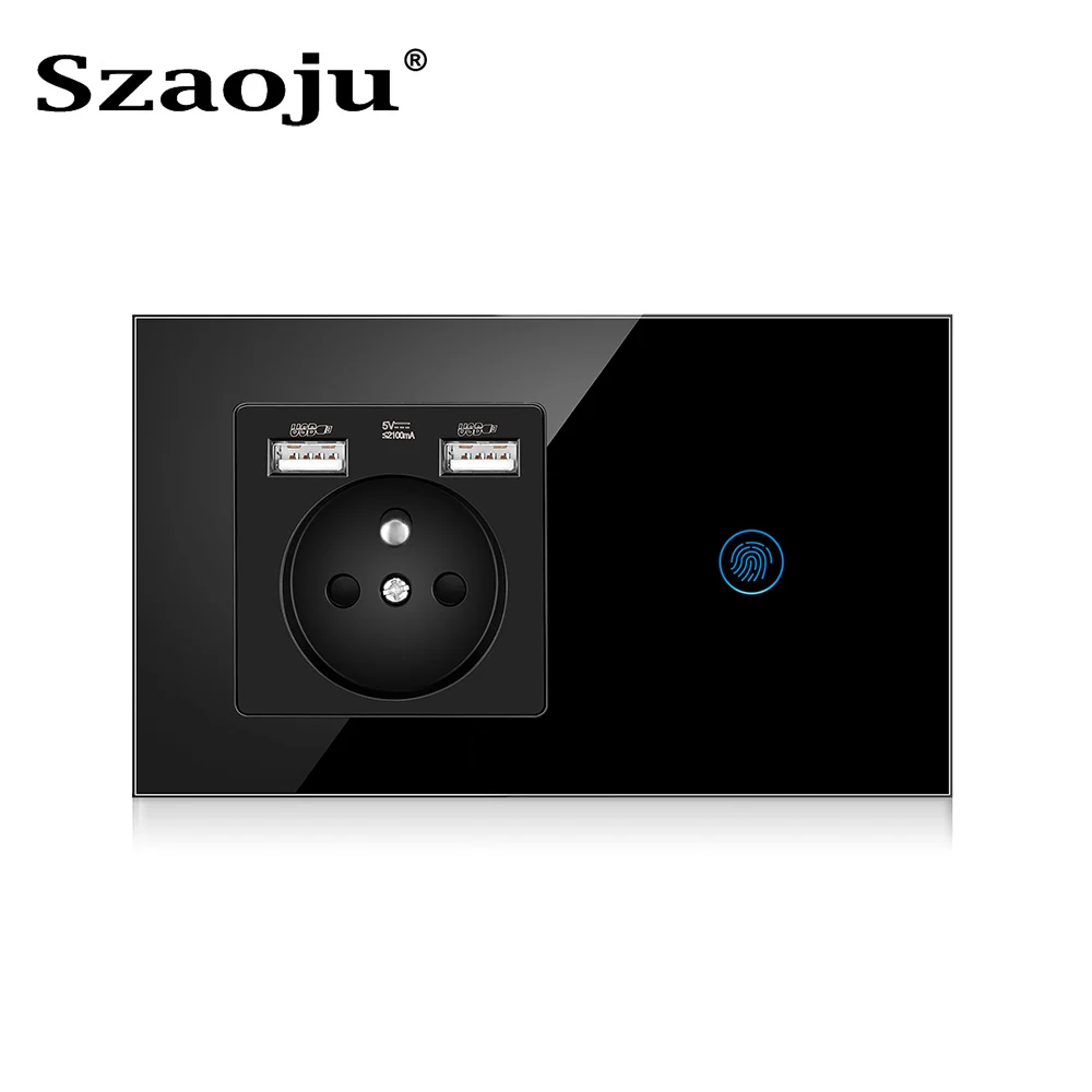

Szaoju French Touch Sensor Switch With Socket With USB Crystal Glass 146*86mm 220V 16A Wall Socket With Light Switch 1/2/3 Gang