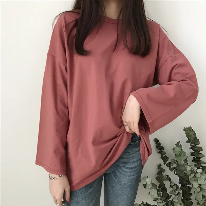 

Harajuku Solid Loose Long Sleeve T-shirts Women Sweet Candy Colors T Shirt Korean Style Simple Designed Womens Fashion Tees Tops
