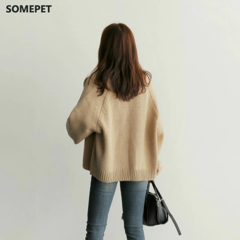 

Women's Sweaters Cardigans Autumn Winter New Casual Solid V-Neck Open Stitch Loose Sweater Jacket Female Knit Coat Khaki Black