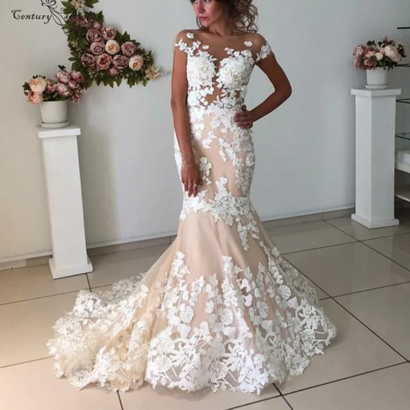 

Light Champagne Mermaid Wedding Dresses Lace Appliques Cap Sleeves Illusion Bridal Gowns Bride Dress Robe De Mariee 2020