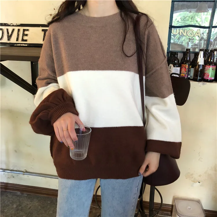 

Женский свободный свитер в полоску, Свободный пуловер контрастных цветов с круглым вырезом и длинными рукавами в студенческом стиле, весна ...