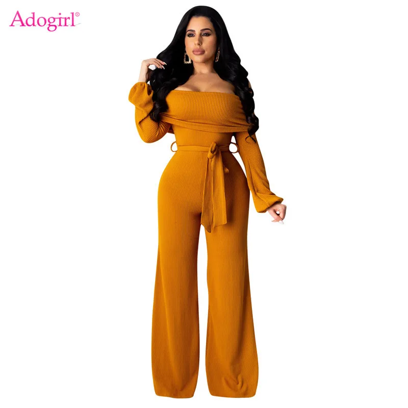 

Adogirl Women Sexy Ribbed Jumpsuit Fold Up Slash Neck Off Shoulder Long Sleeve Romper With Sashes Wide Leg Pants Casual Overalls