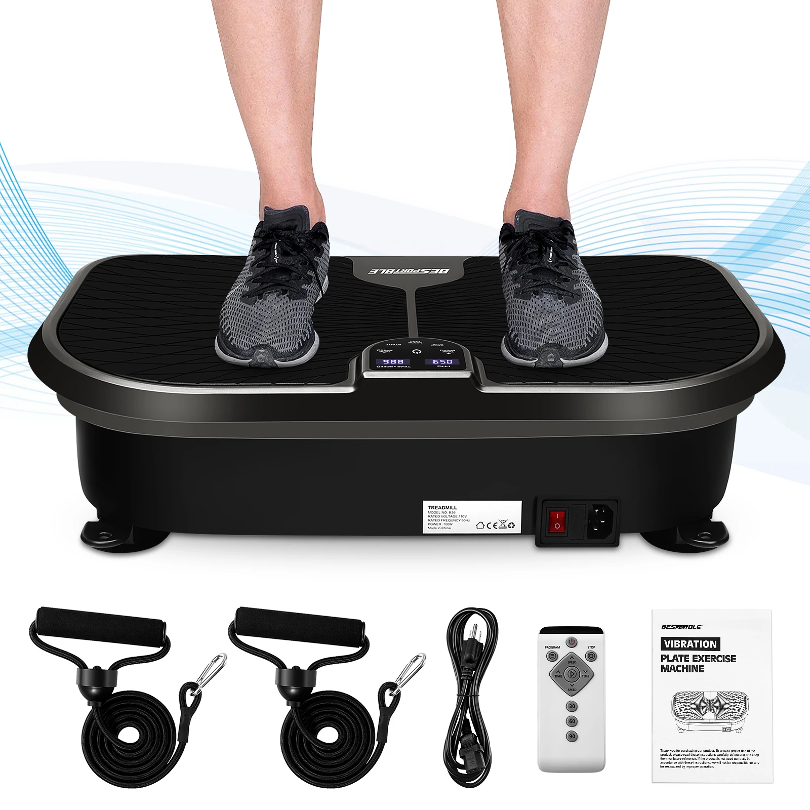 

Vibration Platform Exercise Machine Body Workout Fitness Machine Weight Loss Home Training Equipment with Loop Bands US Plug