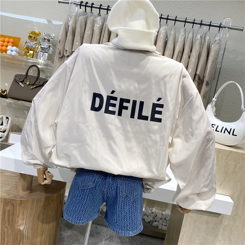 

2021 Back Letter Printed Zipper Long Sleeve Collar Thin Casual Jacket Drawstring Waist Loose Joker Sunscreen Coat