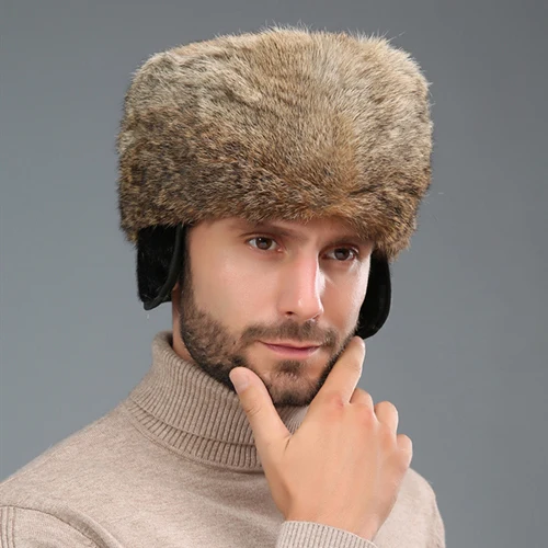 Русская шапка для мужчин, новинка, мужская шапка из кроличьего меха, зимняя шапка с ушками, теплая, утолщенная, модная, для взрослых - Цвет: brown