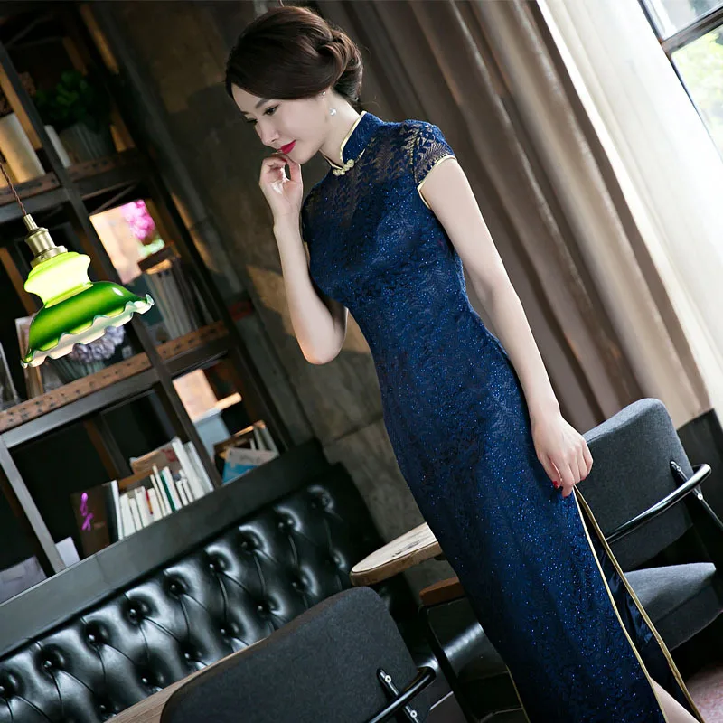 

Lace Female Floral Qipao Sexy Hollow Out Exquisite Vintage Button Dress Gown Chinese Summer Cheongsam Mandarin Collar Vestidos