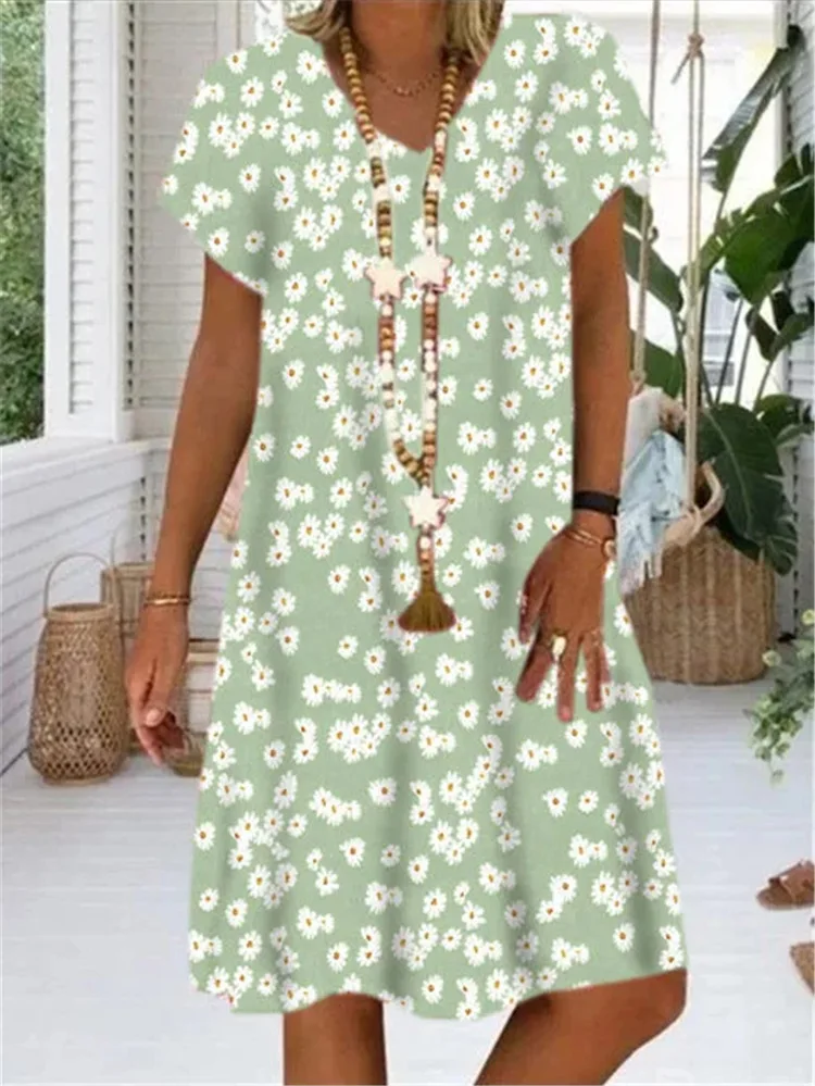 

Women Casual Summer Dress v-Neck Daisy Print dresses women Short Sleeve party dress night beach dress vestidos verano plus size
