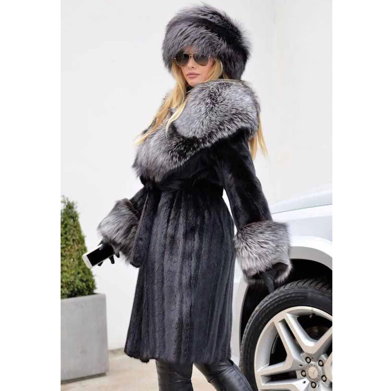 Natural Woman Mink Fur Coats Long With Silver Fox Fur Collar And Cuff Winter Fashion Real Mink Fur Jacket Full Pelt Fur Coats
