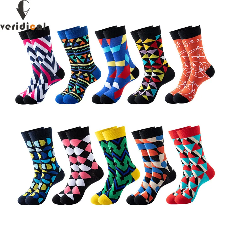 

10 Pairs Male Tide Brand Men Cotton Socks Gradient Color Geometric Long Wedding Sock Men's High Funny Happy Business Socks