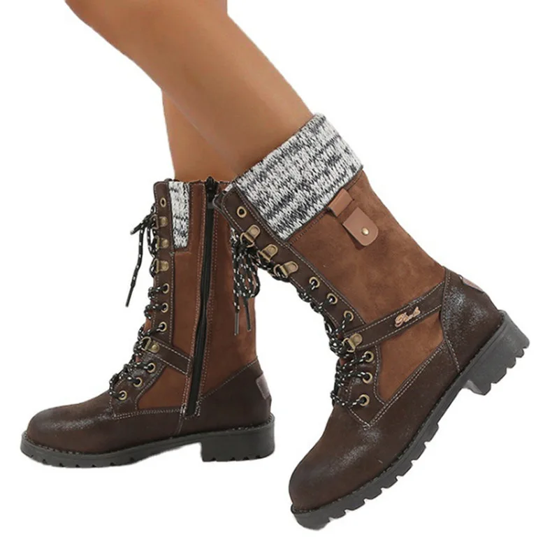 

Winter Knitted Mid-calf Boots for Women Low Heel Round Toe Warm Shoes Top Quality Ladies Botas De Mujer
