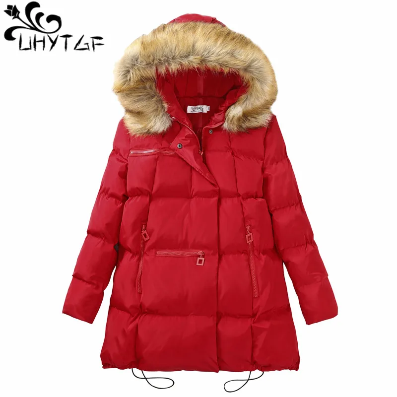 UHYTGF Женская пуховая куртка из хлопка модные длинные пальто с большим меховым