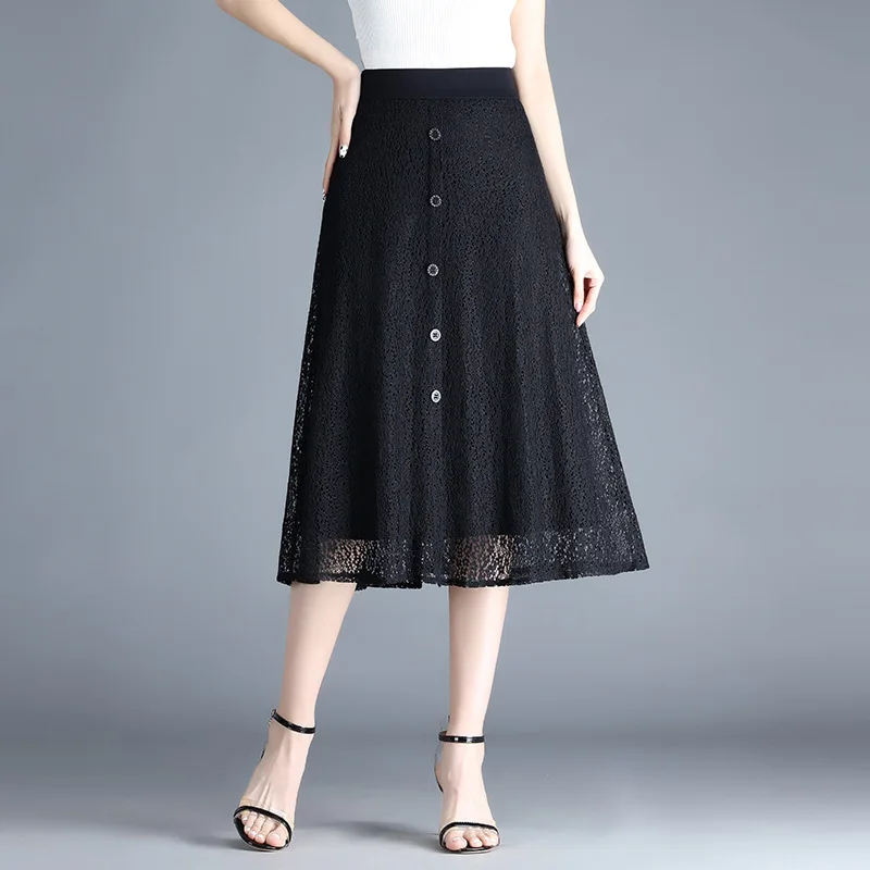 

202 Summer New Women High Waisted Black Lace A-line Skirt Female Elegant Fashion Loose Casual Long Skirts 6275