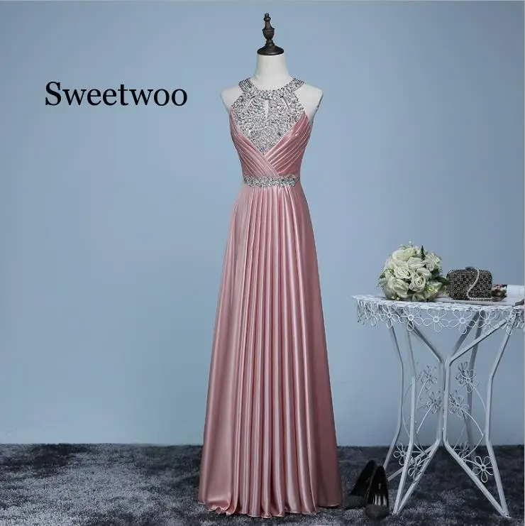 

Pluse Size Beading Pleat Silk Long Dresses 2020 Backless Halter Formal Dress Silm Party Dresses Vestido de novia
