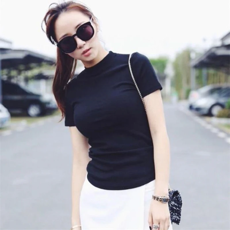 

Short Sleeve Mock Neck Casual Tee Women Slim Fit T-shirt Tops Summer Female Sexy Top Tee White / Black T-shirt