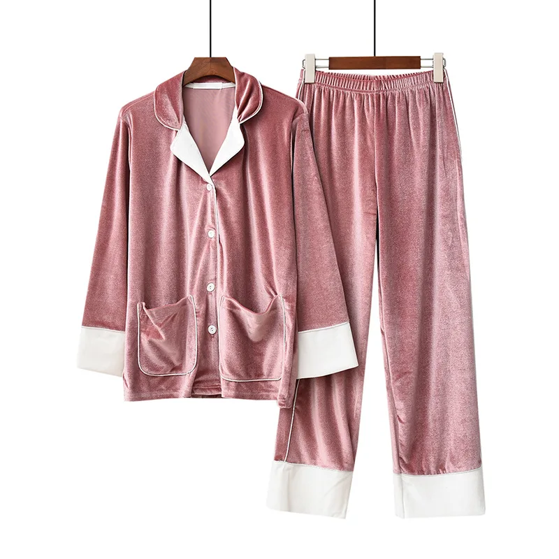 

Autumn Winter Ladies Pajamas Lapel Simple European American Style Retro Velvet Women's Homewear Suit Thickened Warmth Pijamas