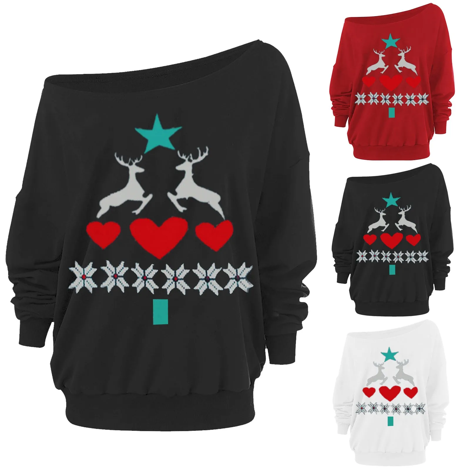 2021 Sweatshirt Christmas 3 Dwarf Elk Prints Women Fashion Solid Color Long Sleeve Diagonal Collar T-shirt Top Bluza Felpa #dz