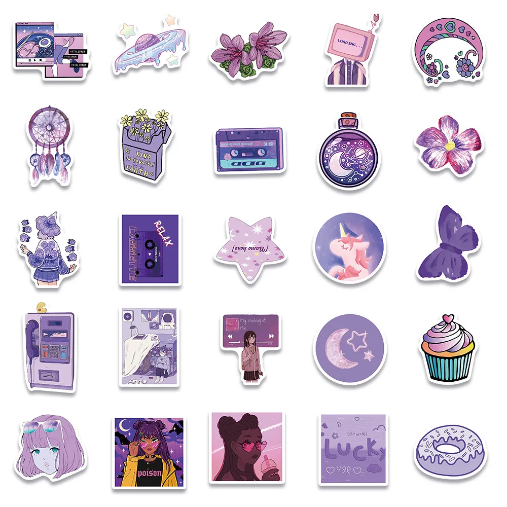 

10/30/50PCSins Wind Purple Style Girl Cute Cartoon Graffiti Notebook Hand Account Material Decoration Sticker Toy Wholesale